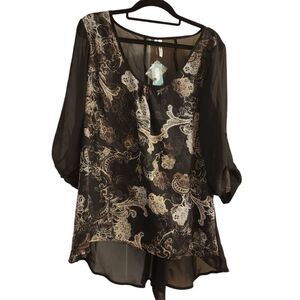 Maurices Studio Y Large Black White Lace Button 3/4 Sleeve Chiffon Top